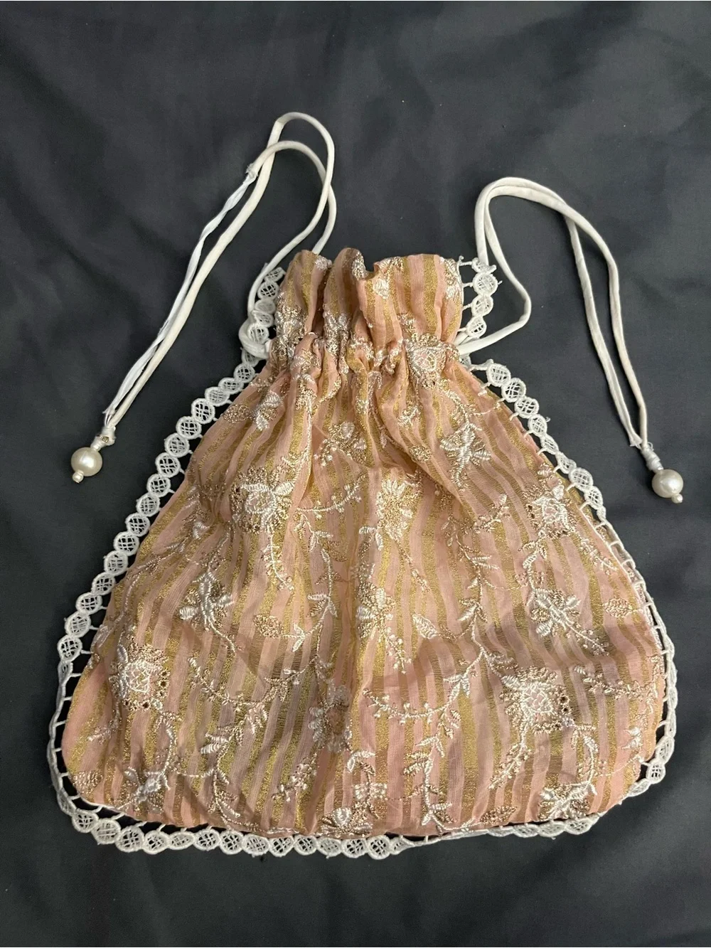 Designers Originals Indian Pakistani boho Pink Lace Drawstring Wristlet Pouch